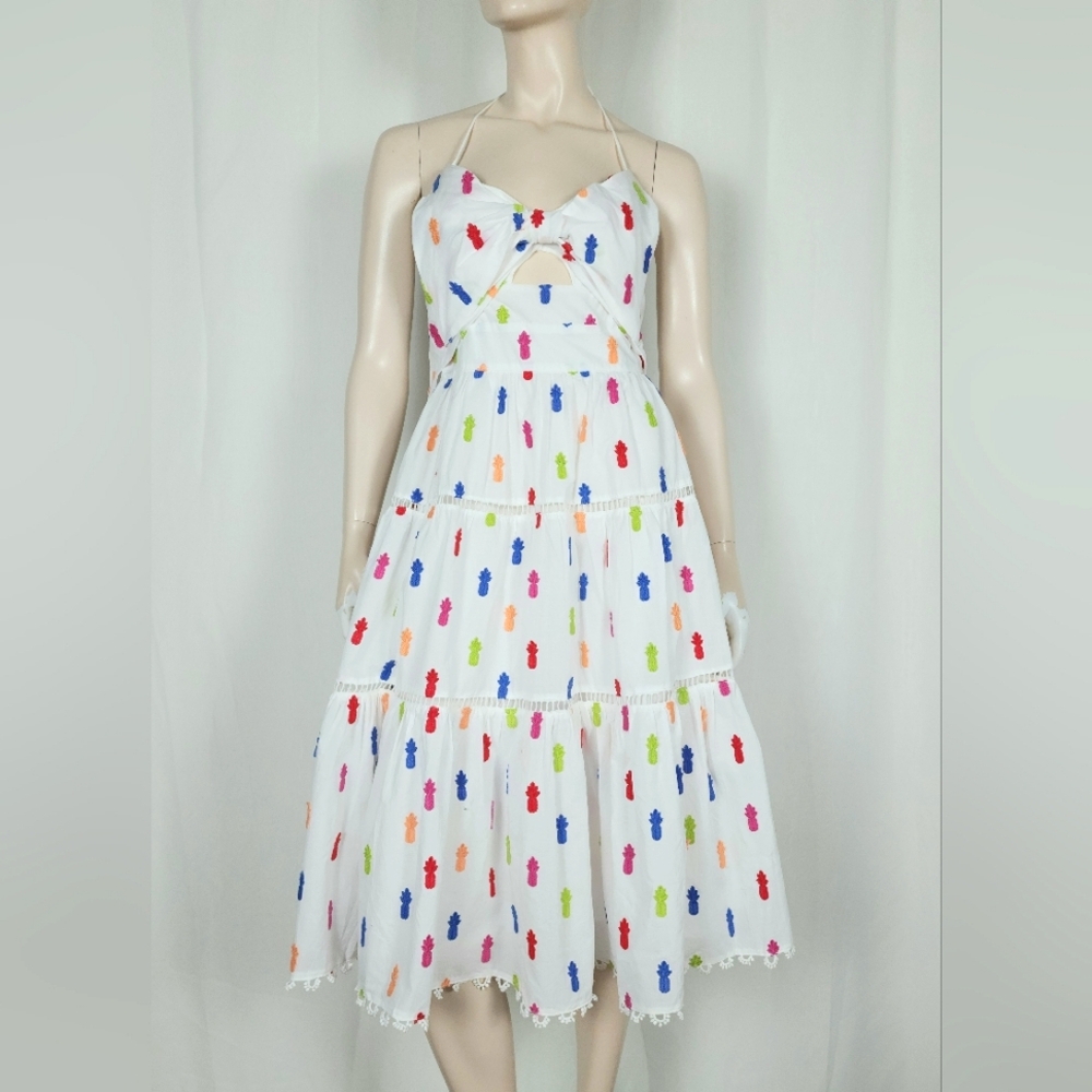 Farm Rio Pineapple Sundress XL White Cotton Embroidered Dress